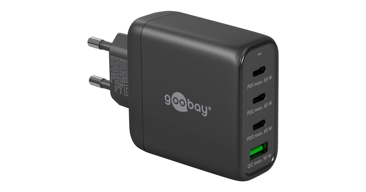 goobayUSB-C PD GaN multipoort snellader (68 W)  (Zwart, 3x USB-C, 1x USB-A, Power Delivery, QuickCharge)