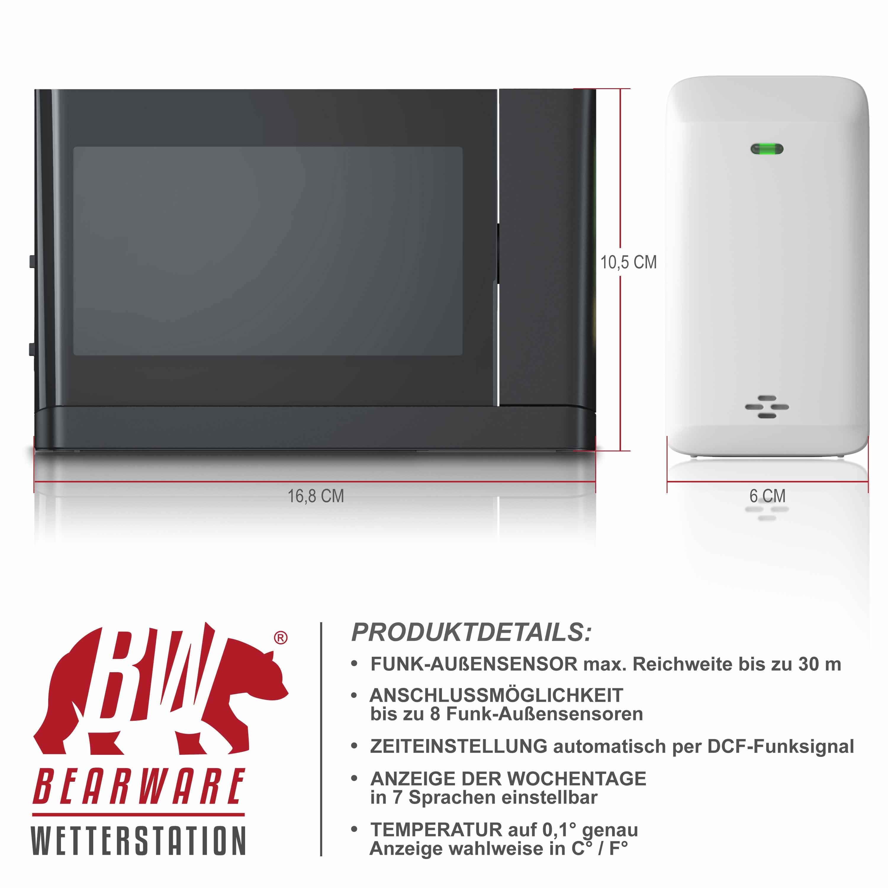 BEARWARE Wetterstation mit Außensensor, Funkwetterstation mit Projektion (um 180° drehbar) & Farbdisplay