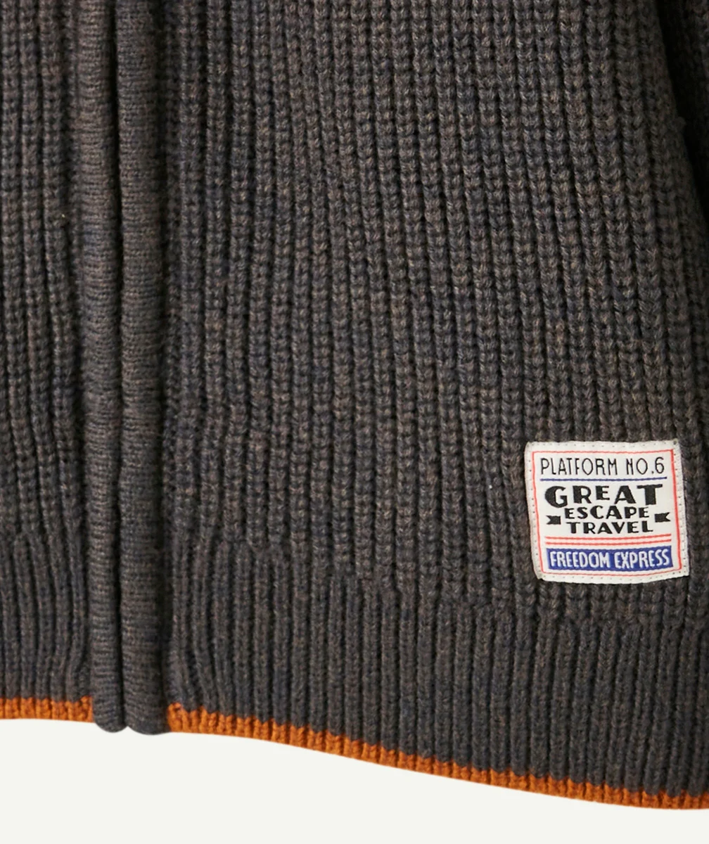 GILET EN TRICOT ZIPPÉ GARÇON AVEC BANDEAUX GRIS FONCÉ ORANGE ET MARRON