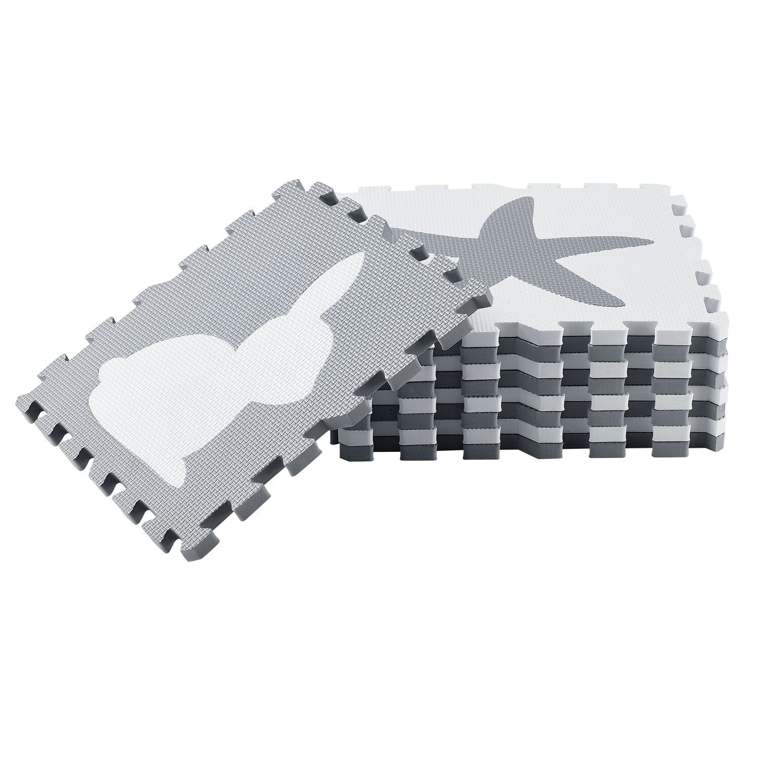 Juskys Kinder Puzzlematte Timon 36 Teile mit 16 Tieren - rutschfest – grau weiß