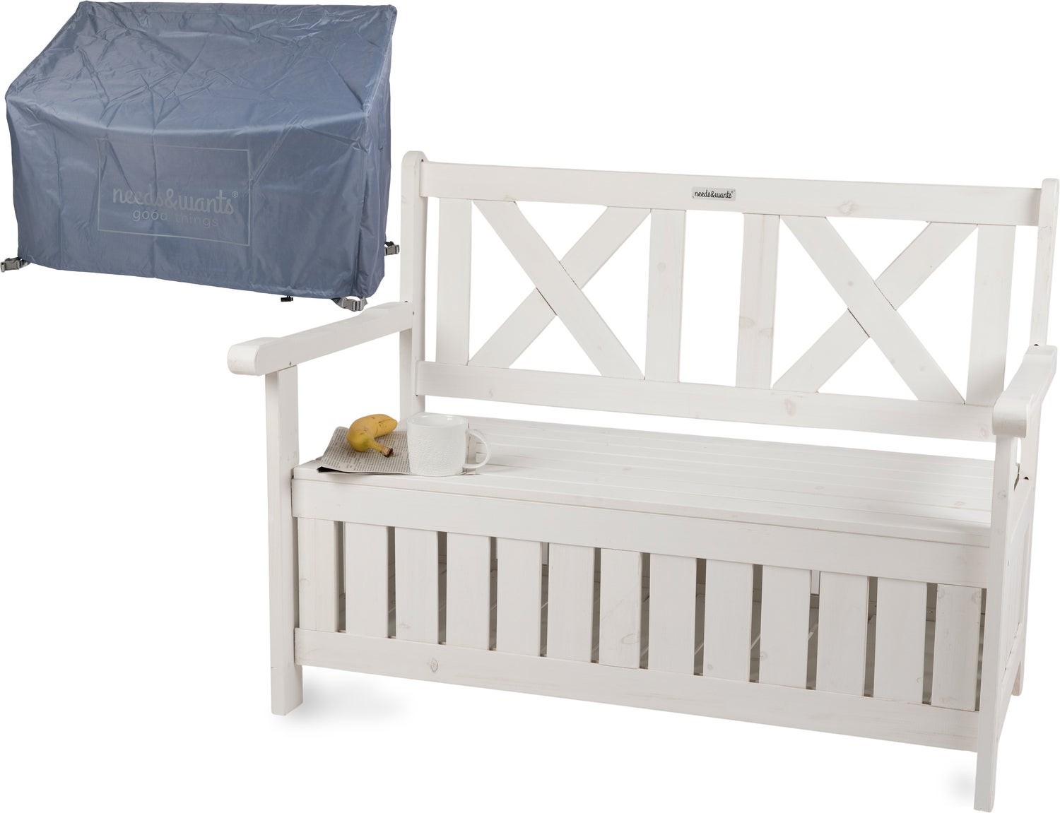needs&wants® Weerbestendige houten tuinbank met opbergruimte en hoes, 2-zitskistbank, klassieke houten bank, parkbank, massief houten tuinbank met opbergkist, natuurlijk hout, wit