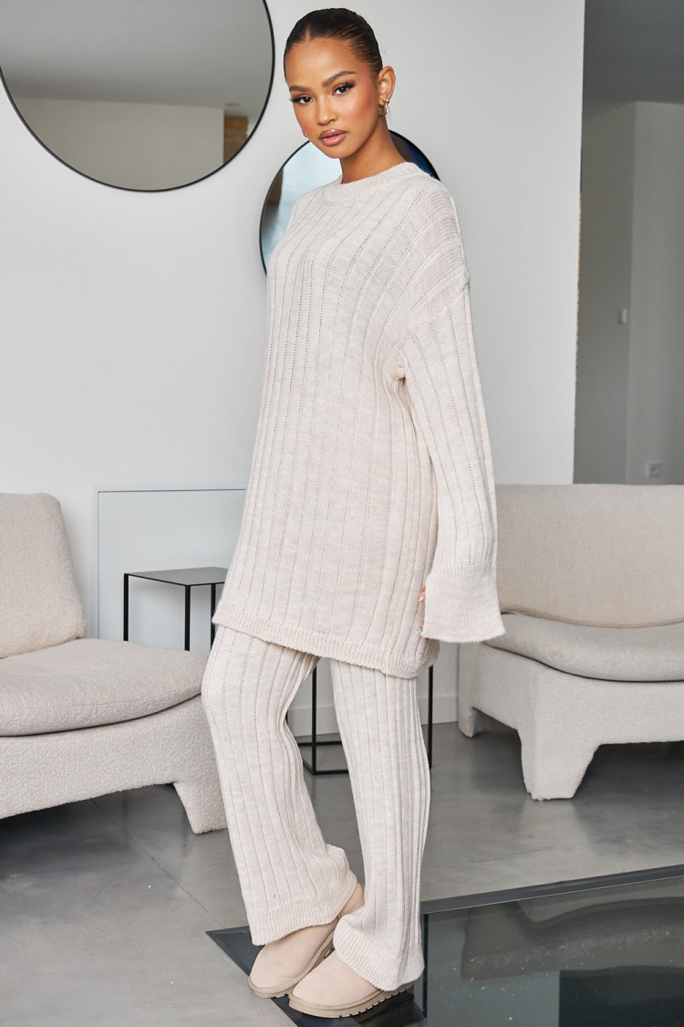 Ensemble 2 pièces pull long + pantalon en laine beige