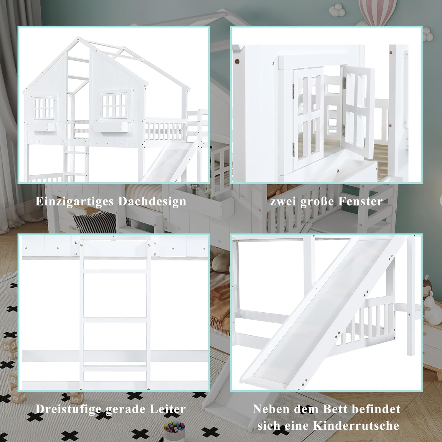 Etagenbett Kinderbett 90x200, Hochbett Hausbett für 2 Kinder, Stockbett mit Rutsche&Leiter&Fenstern&Dach&Aufbewahrungsbox, Doppelbett Holzbett mit Lattenrost&Rausfallschutz, Kiefer, Ohne Matratze,Weiß