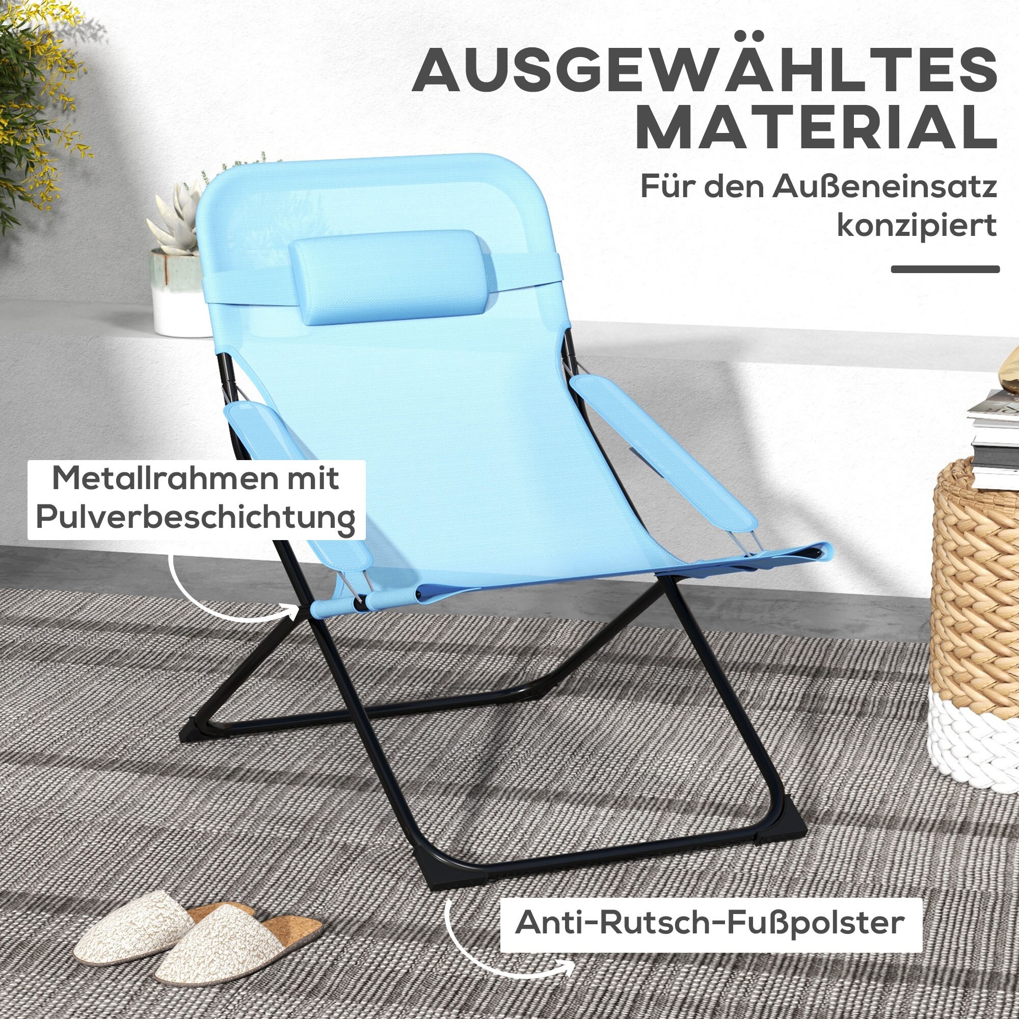 Outsunny Klappstuhl mit 4-stufiger Rückenlehnenverstellung und Kopfkissen blau 69L x 91B x 96H cm