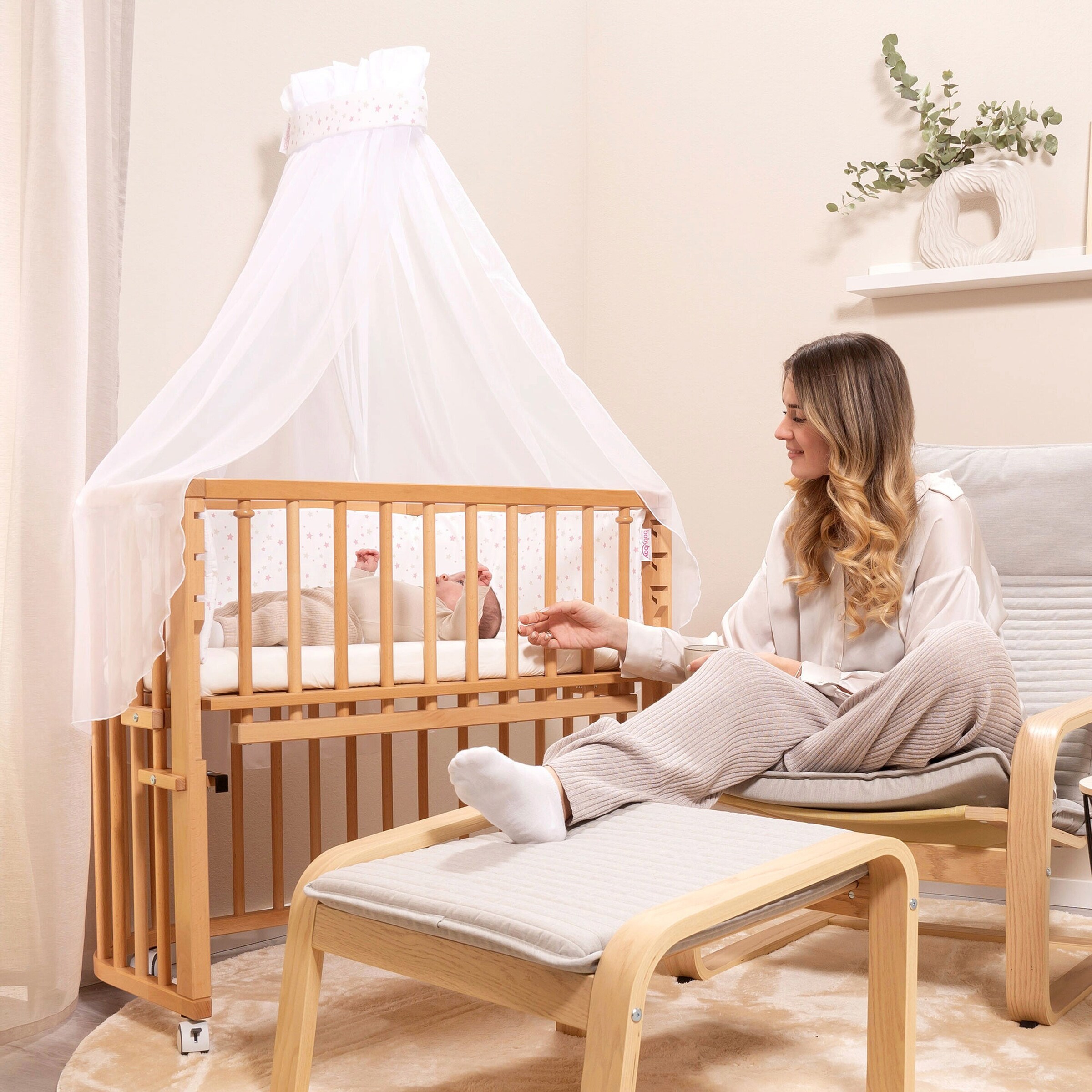 babybay® Himmel Piqué mit Band passend für alle babybay Modelle perlgrau / Sterne weiß