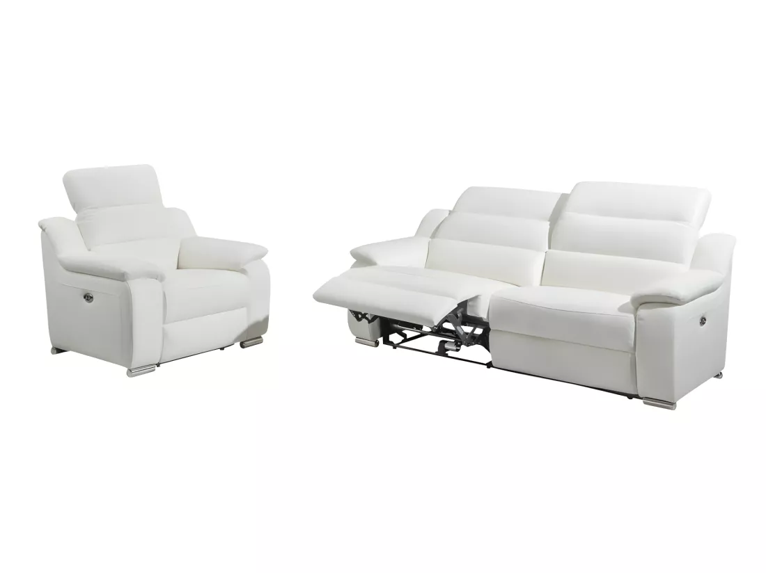 Canapé 3 places et fauteuil relax électrique en cuir blanc ARENA III