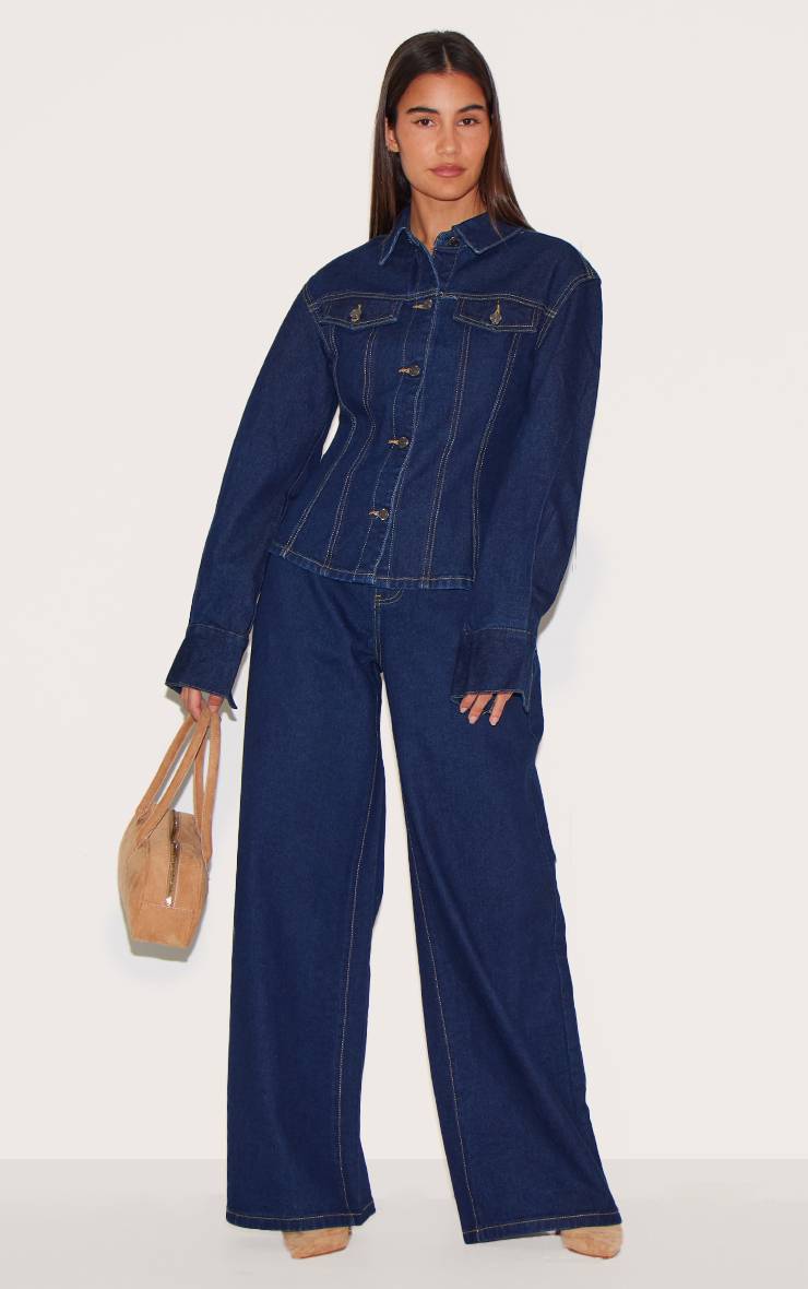 Bleu Indigo Veste En Jean À Manches Longues Avec Taille Cintrée