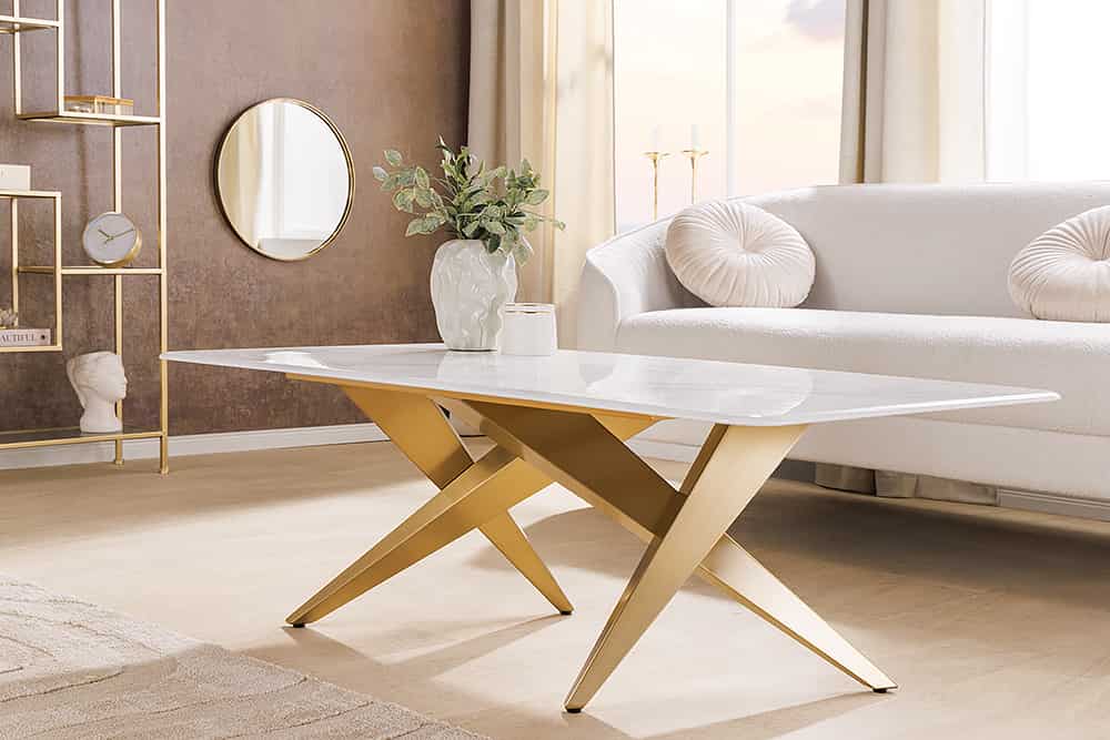 Moderner Couchtisch ART LIVING 130cm weiß Marmor Keramik champagner gold brushed