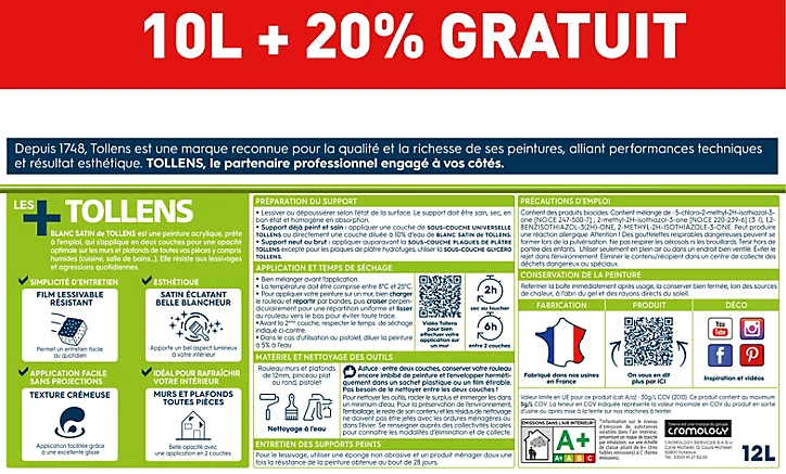 Peinture Tollens murs et plafonds satin blanc 10L+20% gratuit