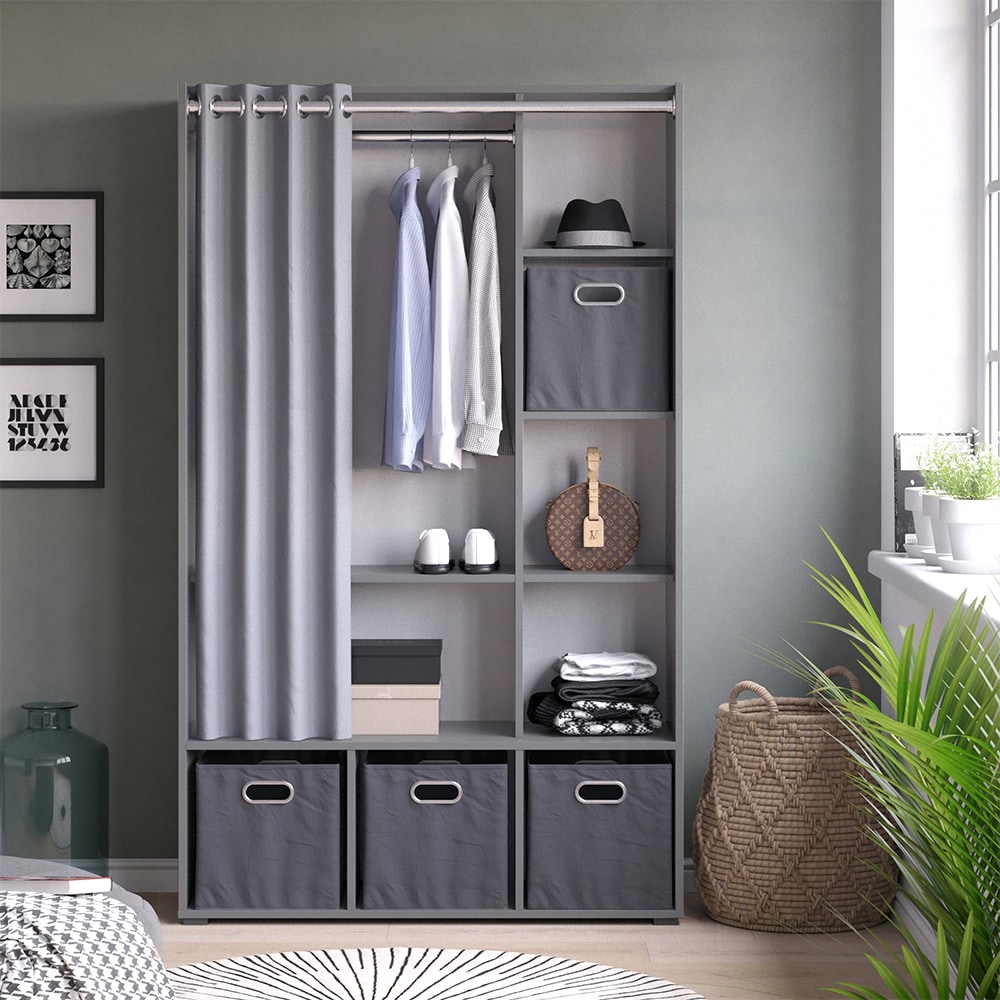Vicco Kleiderschrank Schlafzimmerschrank Garderobe Luigi Grau Faltbox 106 x 178 cm modern Schrankregal Organizer Vorhang Kleiderstange Fächer Aufbewahrung Ablage