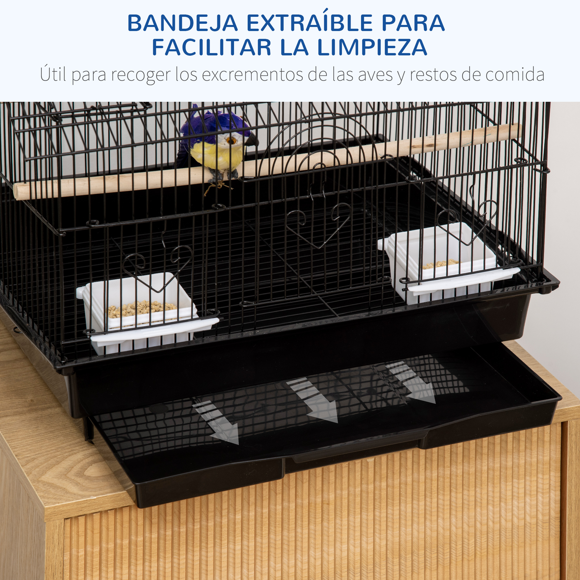 Gaiola para pássaros PawHut, 39x33x47 cm, em metal, com 3 portas, 2 comedouros, 2 poleiros, balanço, bandeja removível e alça para transporte, ideal para canários e periquitos. Cor: Preta.