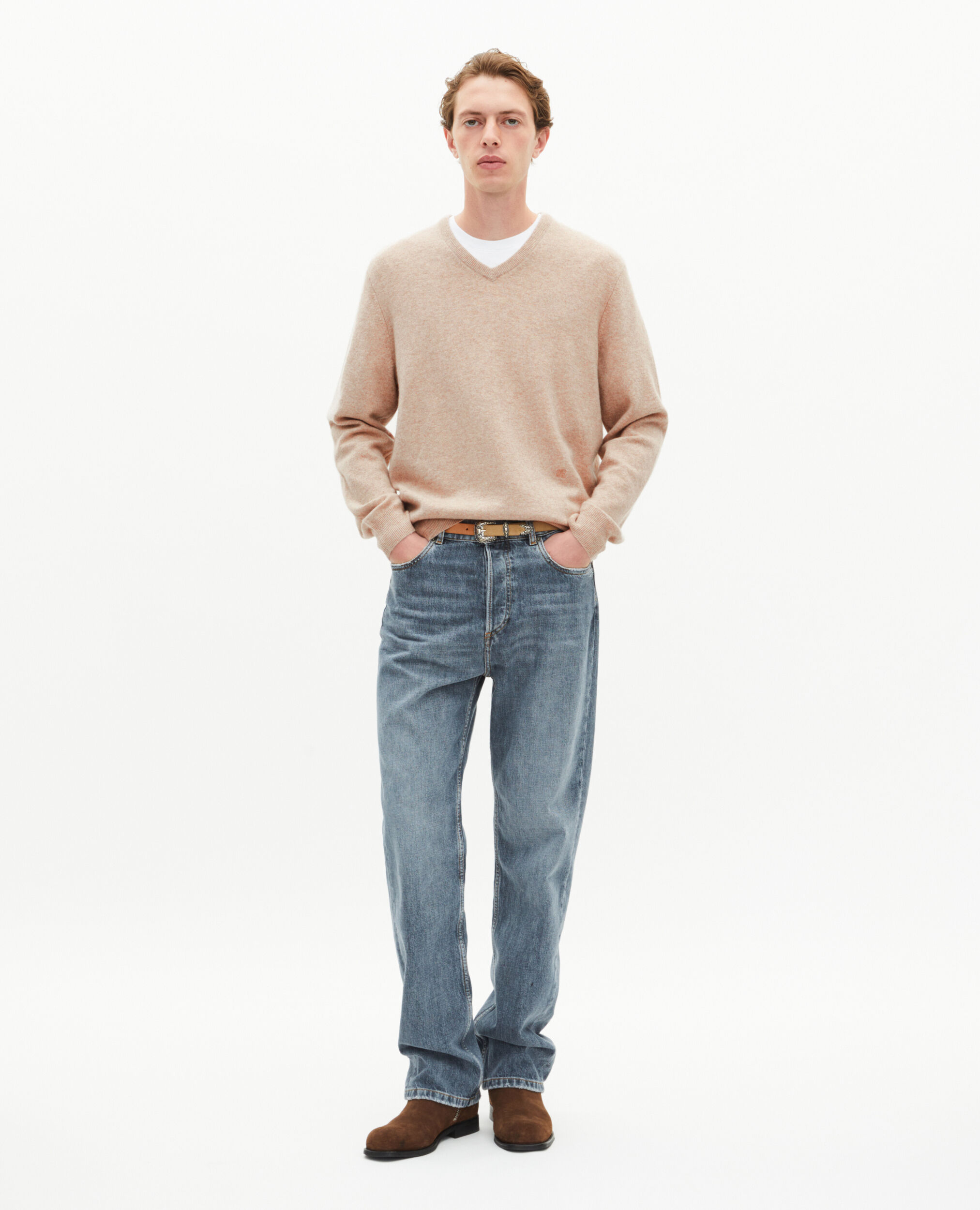 Pull col V en cachemire beige