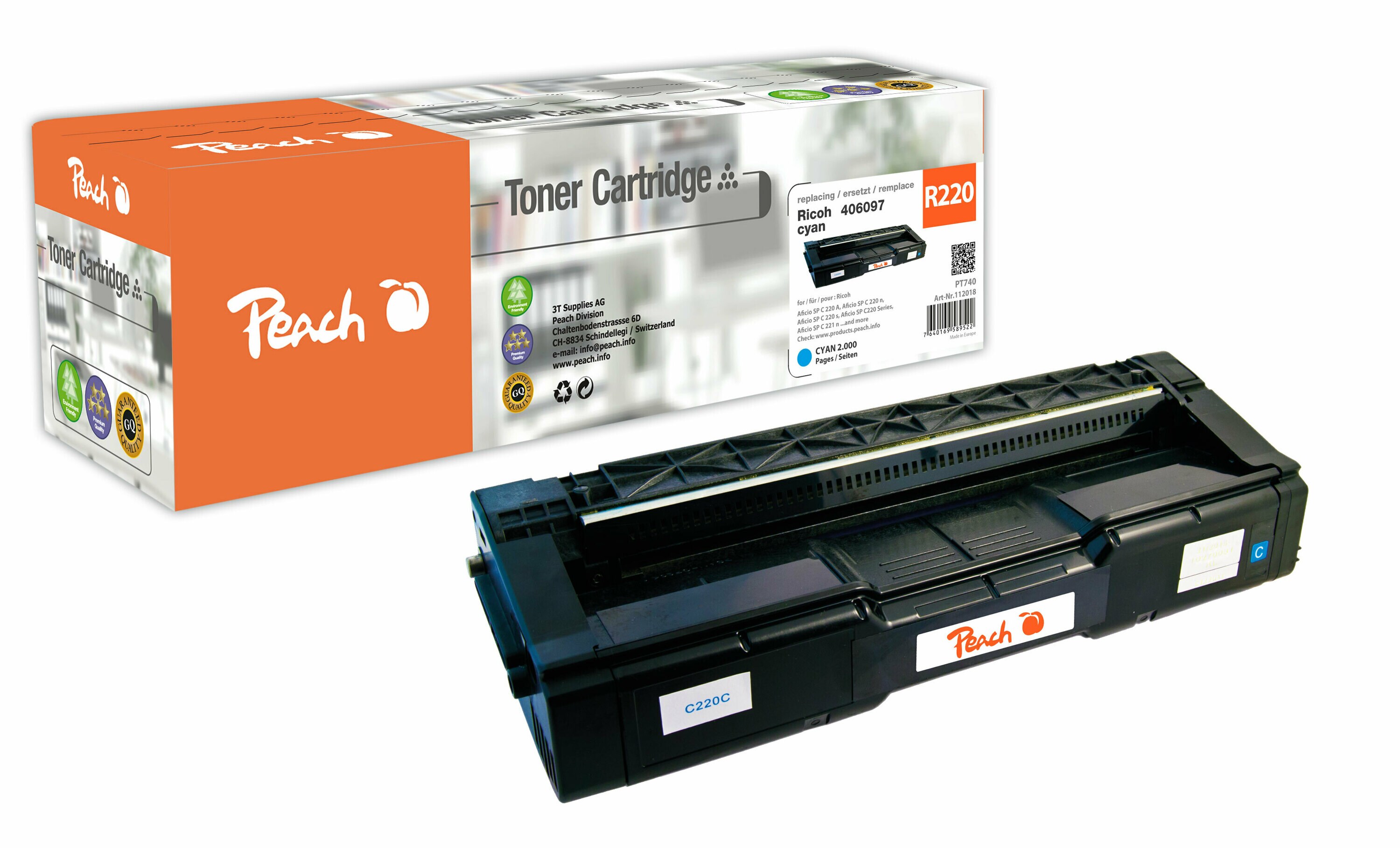 Peach R220/240 Toner cy ersetzt Ricoh 406097 für z.B. Ricoh Aficio SP C 220 A, Ricoh Aficio SP C 220 n, Ricoh Aficio SP C 220 s (wiederaufbereitet)