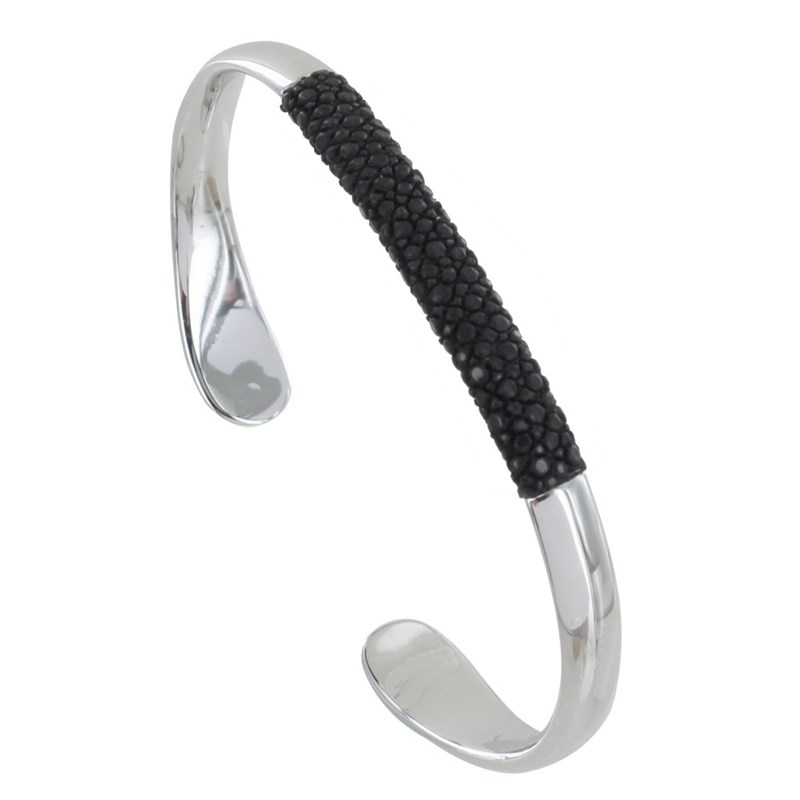 Bracelet Mixte Demi Jonc Laiton Rhodié et Cuir Classics - Noir
