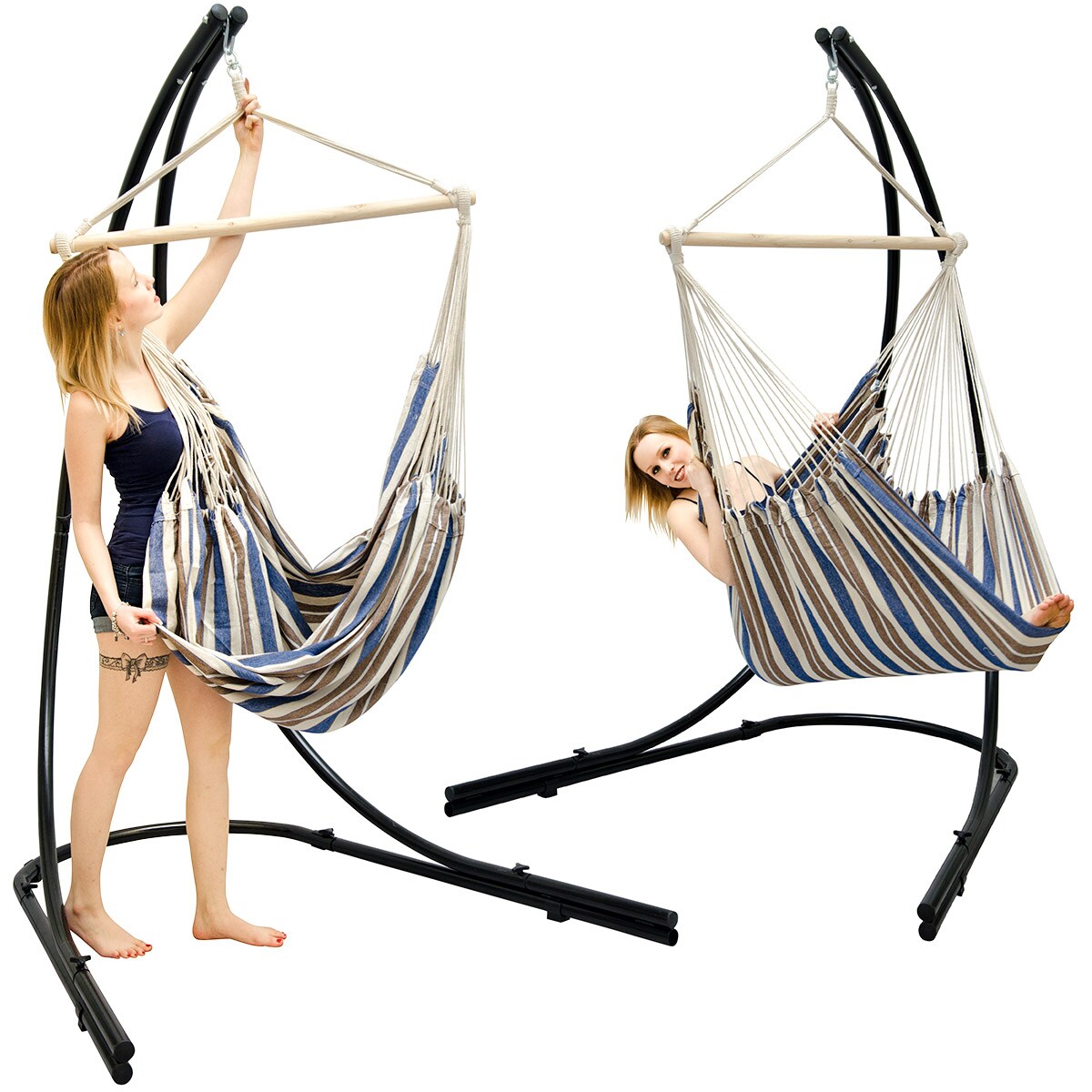 Freistehendes Stahl-Hängestuhlgestell 210cm inkl. XXL Hängesessel aus Baumwolle mit Swivel 185x130cm