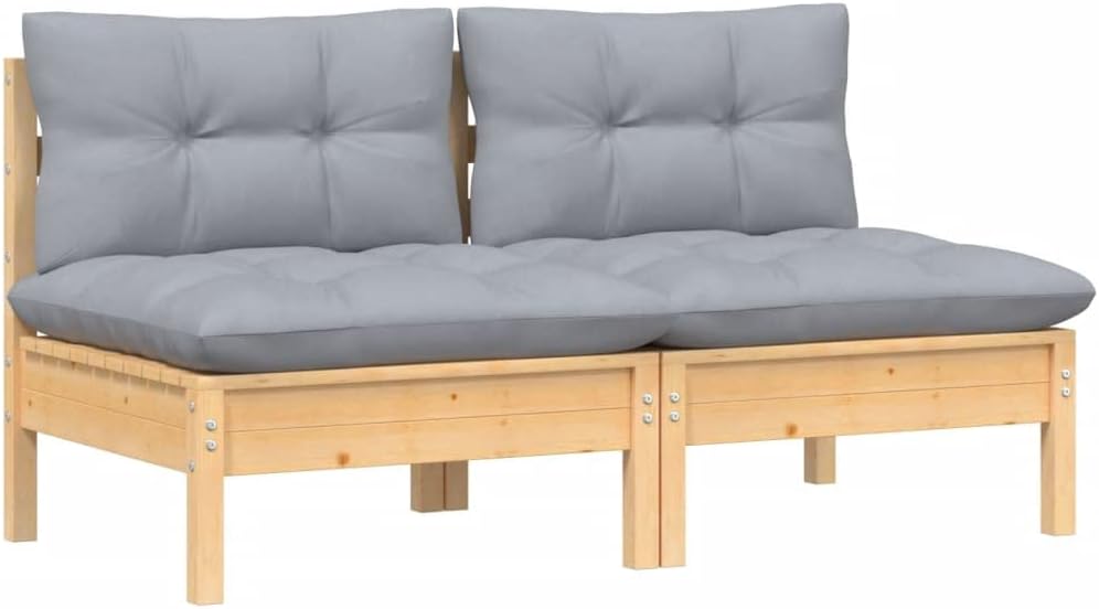 vidaXL Gartensofa 2-Sitzer, Gartenmöbel 2 Mittelsofa mit Grauen Kissen, Modular Sofa Lounge Sitzgruppe für Garten Terrasse Balkon, Loungemöbel, Massivholz Kiefer