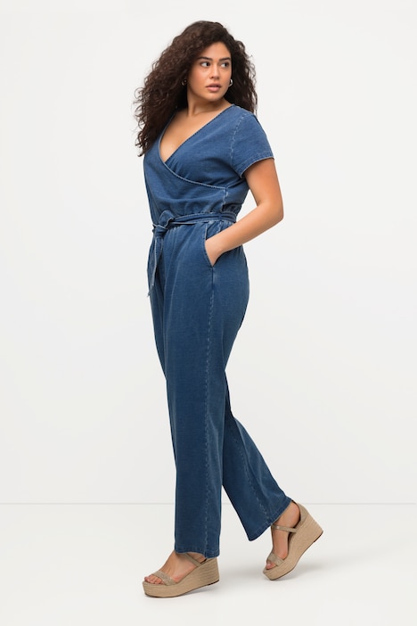 Jeans-Jumpsuit, weites Bein, V-Ausschnitt, Halbarm