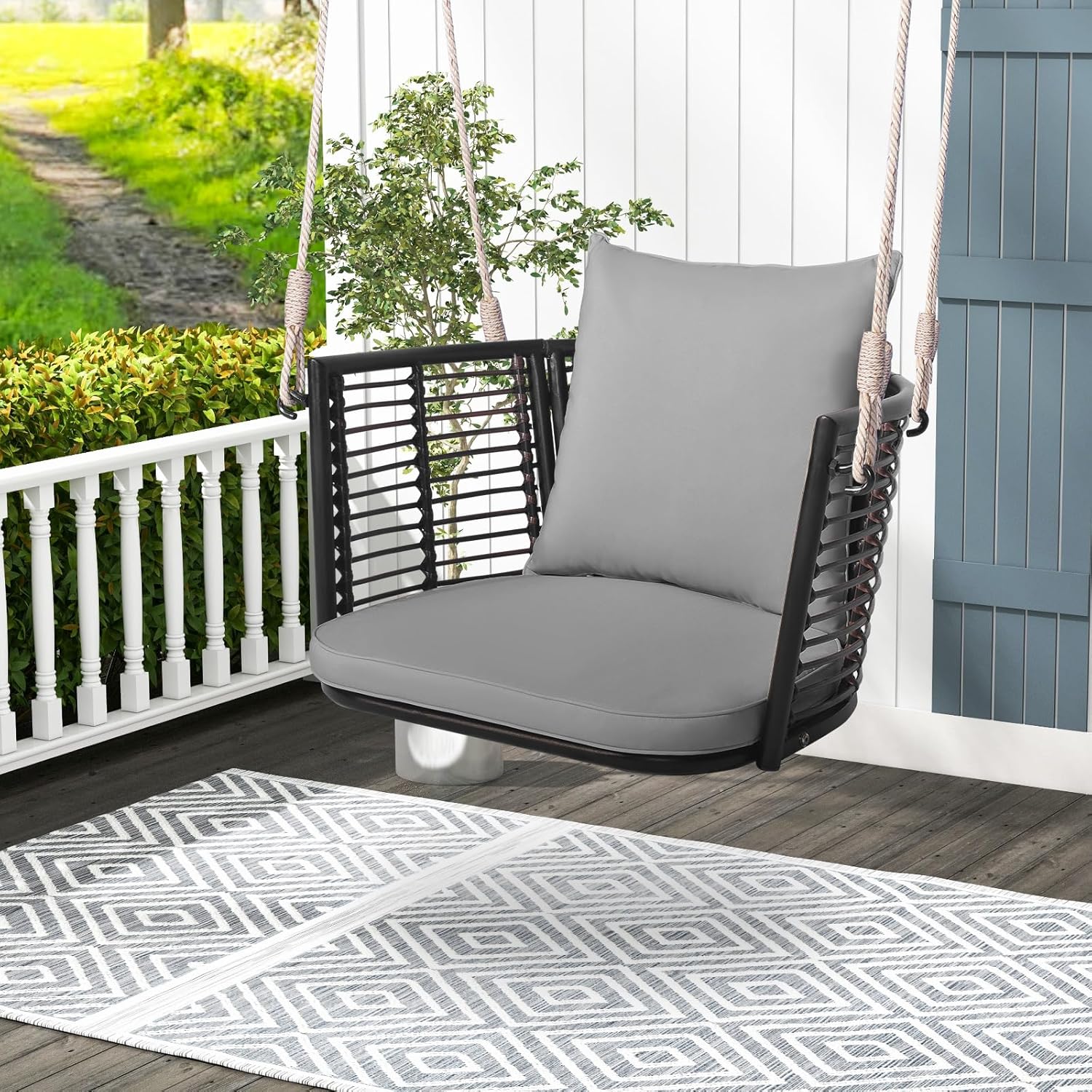 COSTWAY Hängesessel Rattan, bis 180kg belastbar, Hängesitz mit Kissens & Metallrahmen & Hängeseilen, Hängestuhl Schaukelstuhl Schaukel, Schaukelsessel für Veranda Garten Hinterhof (Grau)