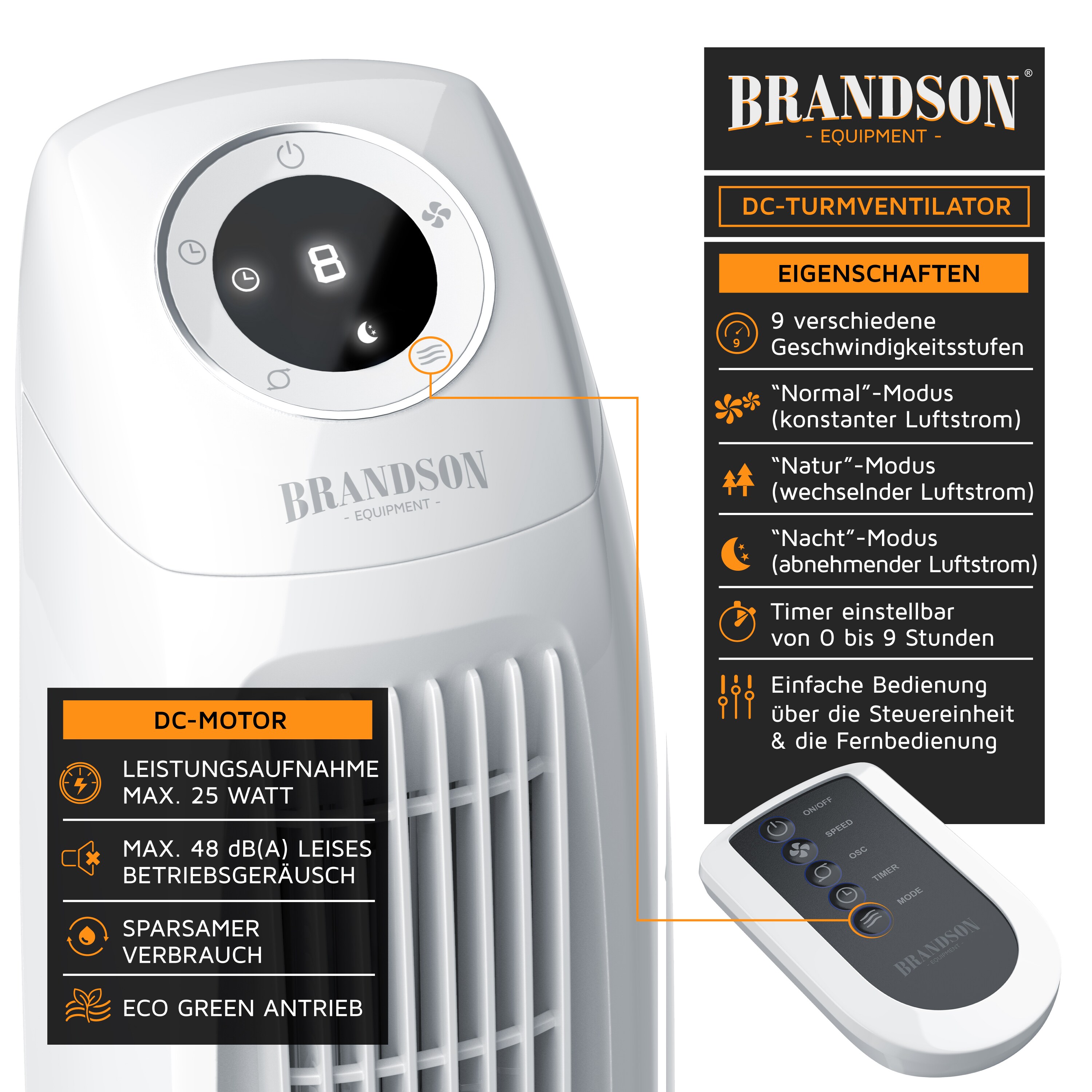 Brandson Turmventilator DC mit 9 Geschwindigkeitsstufen, Standventilor leise mit Fernbedienung, Säulenventilator mit Oszillation, Ventilator
