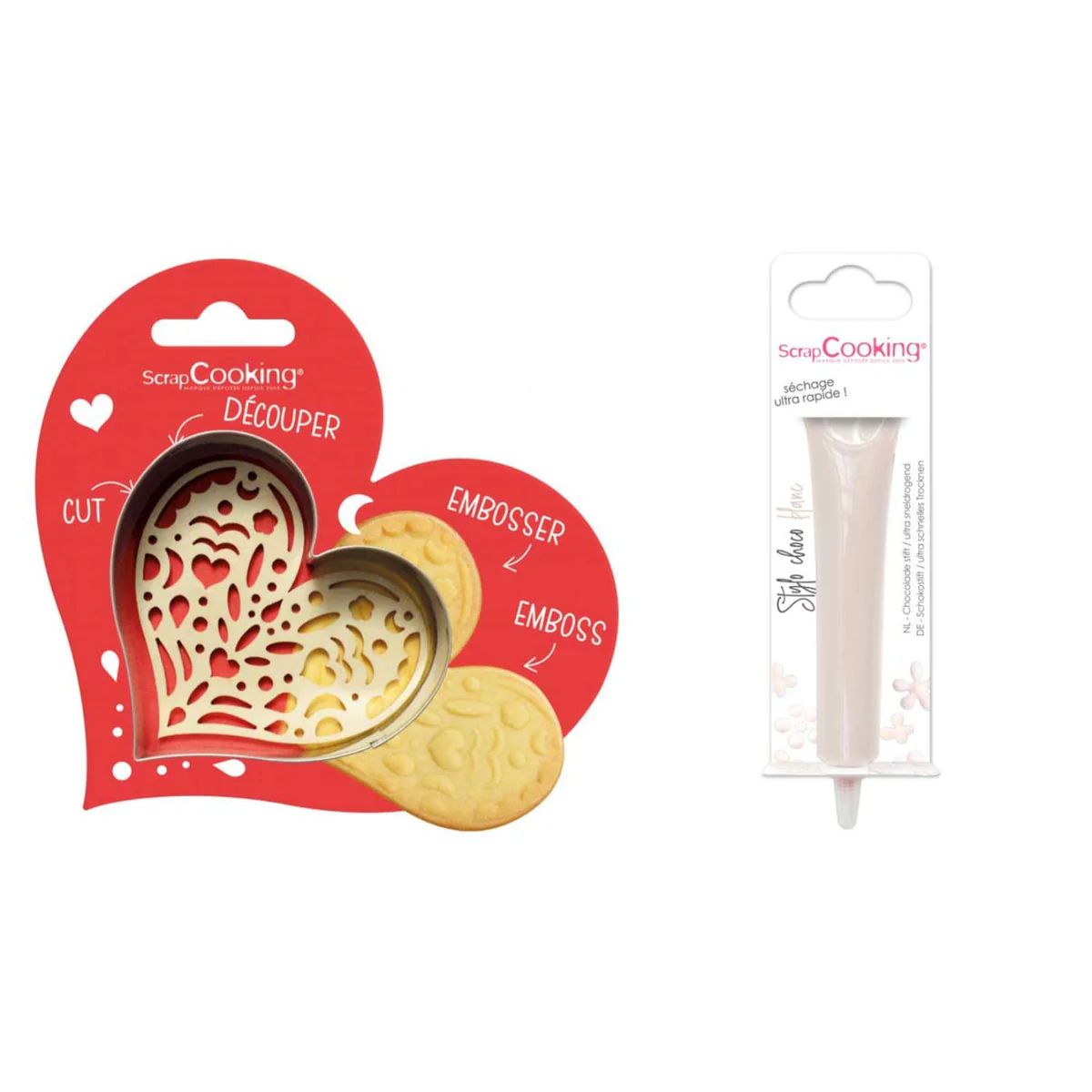 Kit pour biscuit en relief Coeur + Stylo au chocolat blanc Scrapcookin