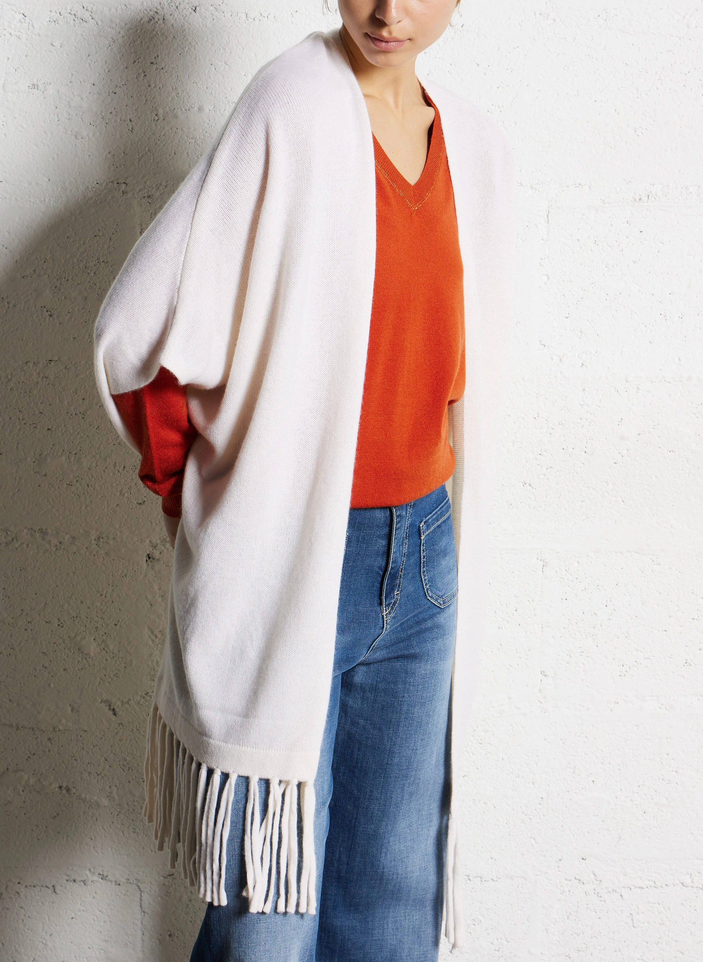 GWENNYX - Cardigan à franges en cachemire | Blanc