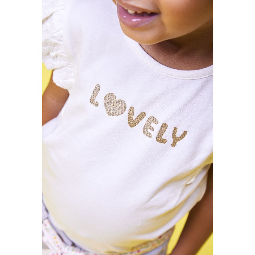 T-shirt manches courtes volantées en jersey avec print glitter pour bébé fille - Ecru