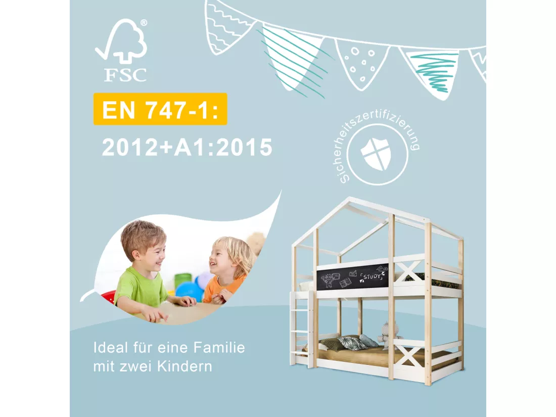 Lit superposés, Adultes, enfants, adolescents Cabane 90 x 200 cm, Toboggan, Échelle Inclinée et Protection Antichute
