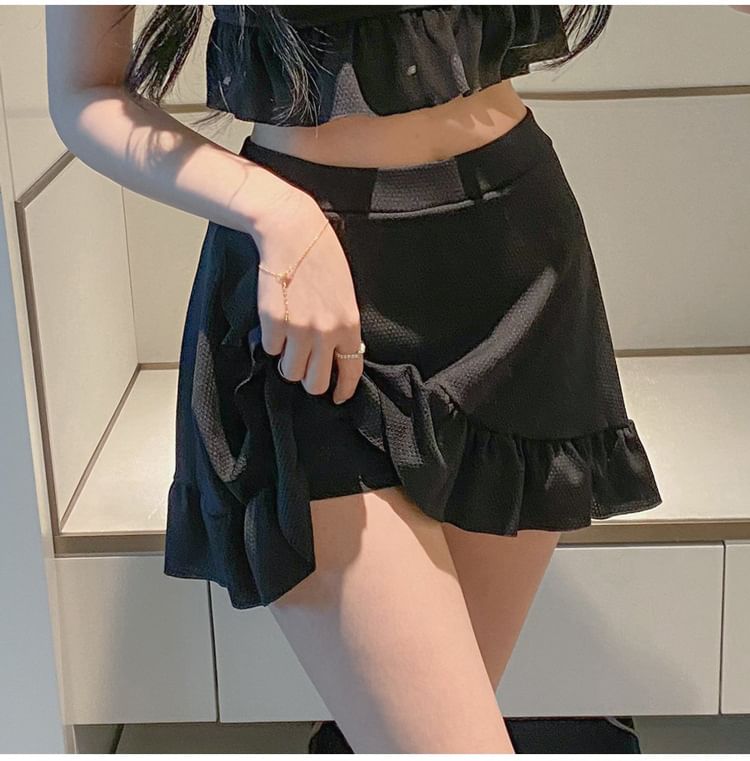 CUCURBIT - Set: Tankinitop met effen ruches en crop top + zwemrok