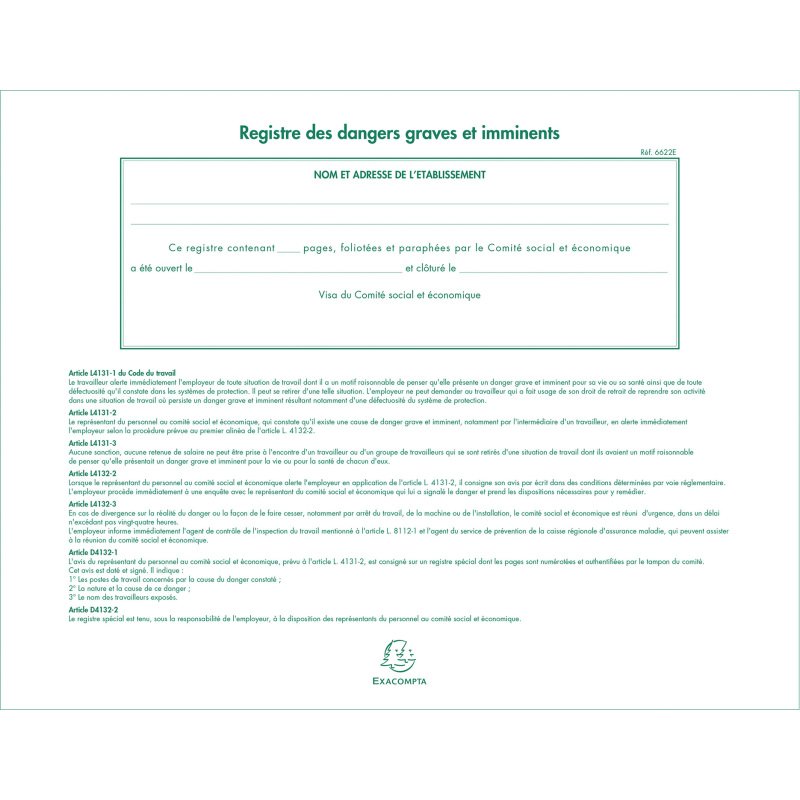 Registre imprimé des dangers graves et imminents Exacompta 6622E - 24 x 32 cm 20 pages