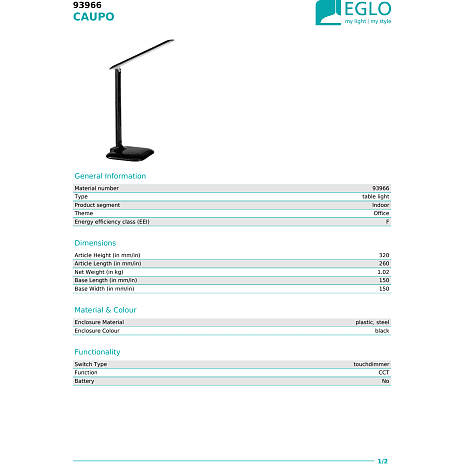 Caupo bordlampe LED touch - sort