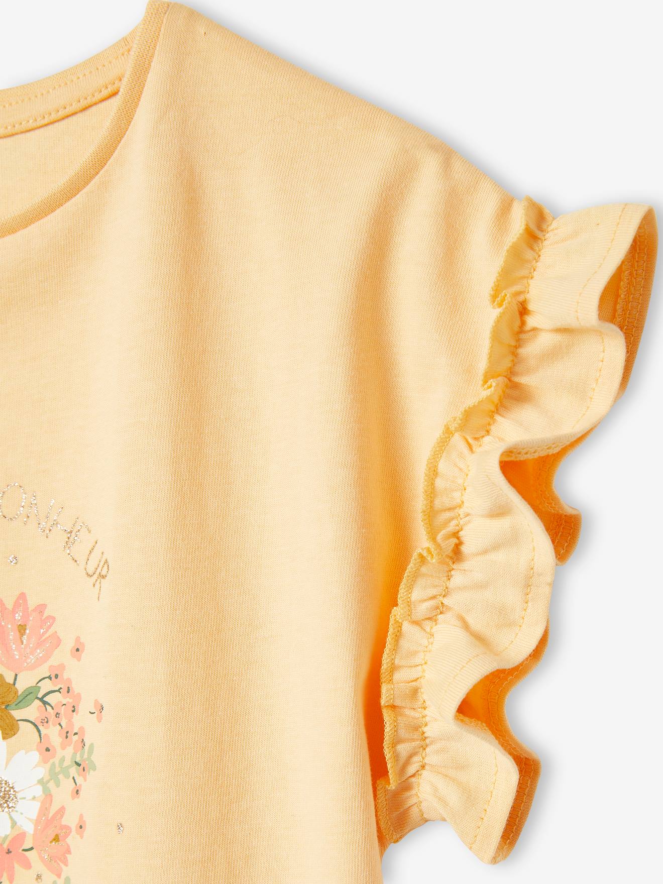 Camiseta infantil bege de manga curta com estampa iridescente e babados.