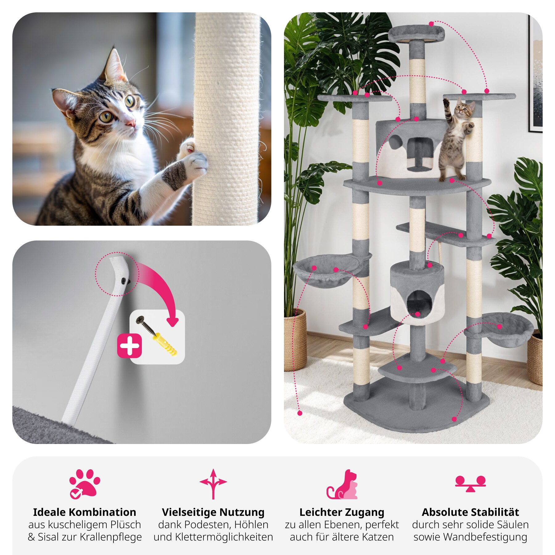 tectake® Kratzbaum, 201 cm, mit 2 Katzenhäusern, inklusive Spielkordel und Kippschutz