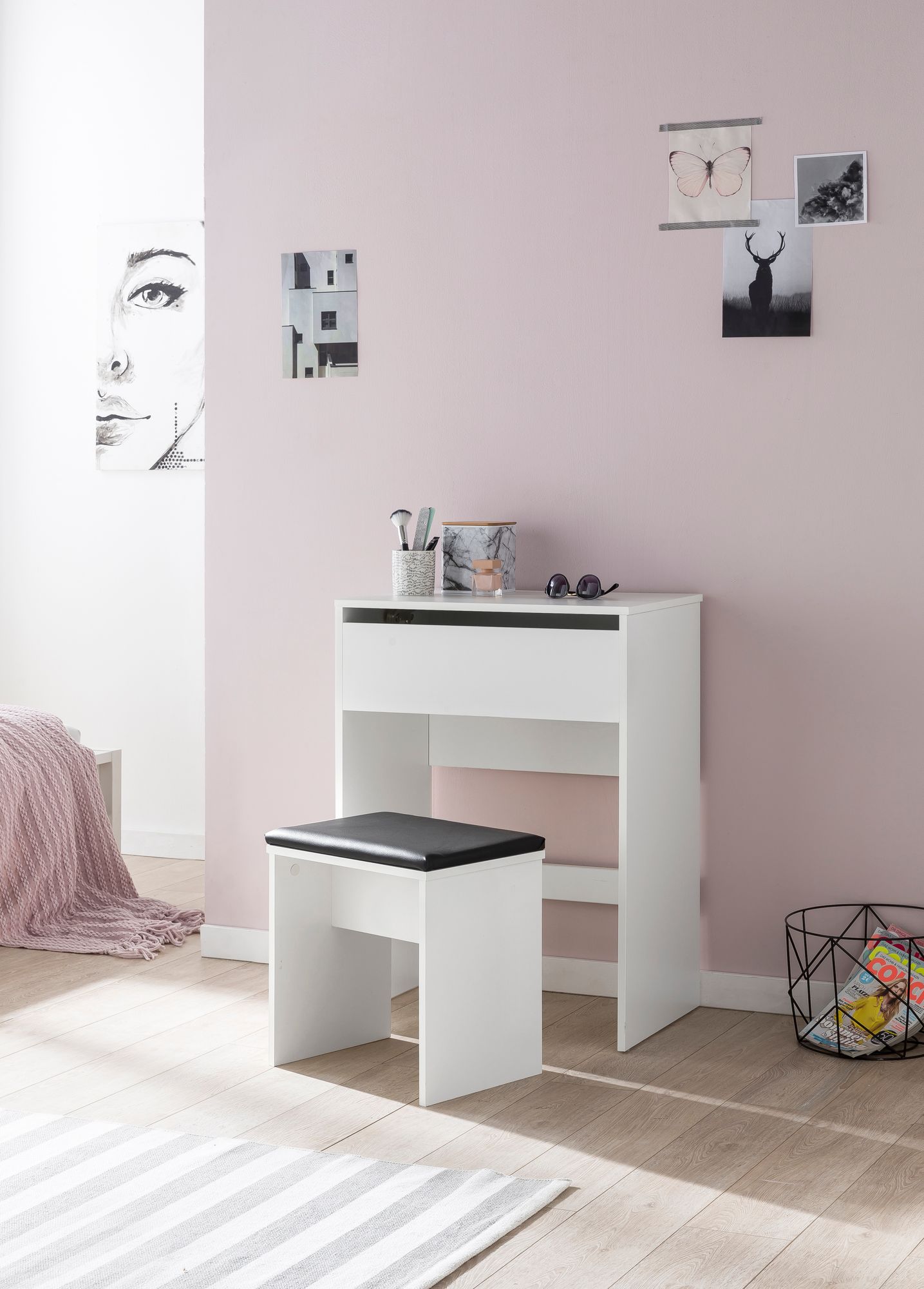 KADIMA DESIGN Moderner Schminktisch mit Klappfach und Spiegel, inklusive Hocker, Melaminharzbeschichtung