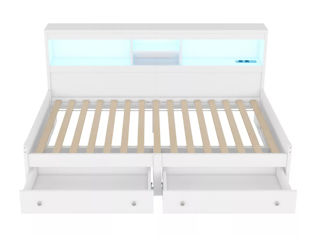 Lit banquette 90x200cm - avec prise USB & 2 tiroirs - sommier à lattes - Blanc