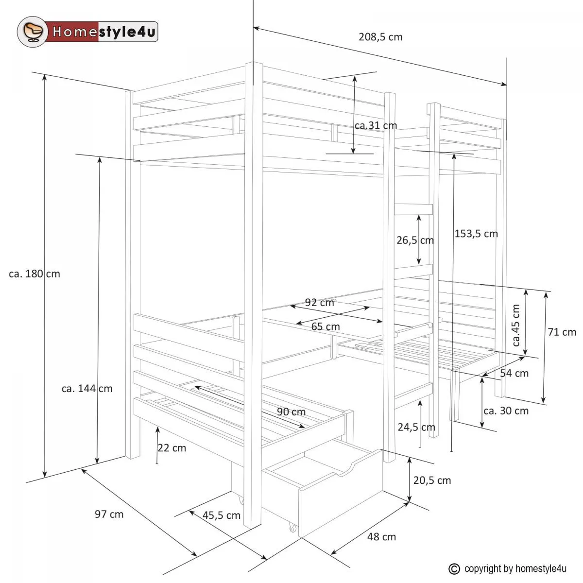 HOMESTYLE4U Lit mezzanine enfant avec bureau 90x200 cm - Blanc