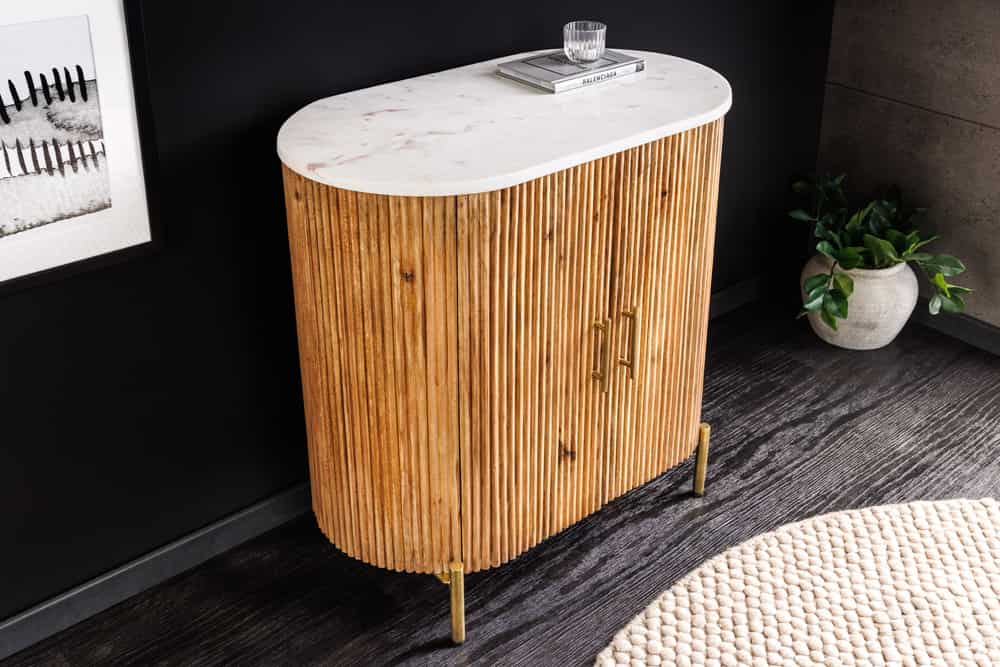 Massives Sideboard TRES CHIC 75cm natur Mangoholz weiß Marmor gold Metall