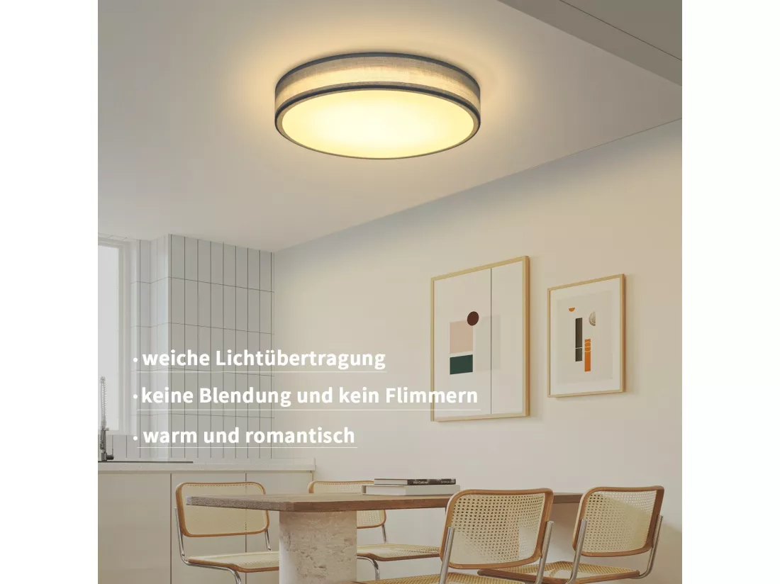 NETTLIFE Plafonnier LED Chambre Abat-jour en Tissu Moderne Rond 3000K 12W