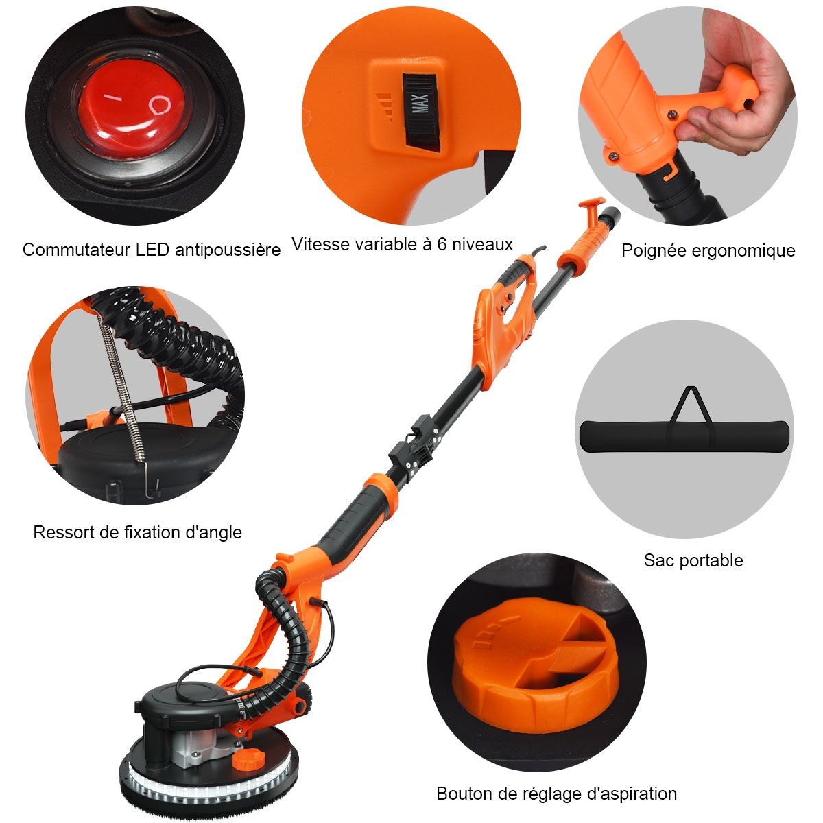 Ponceuse à Plâtre Murale 750W Ø 225mm Aluminium 6 Vitesses Variables Lumières LED Manche Télescopique 12 Disques Abrasifs - Lidl-Manfred