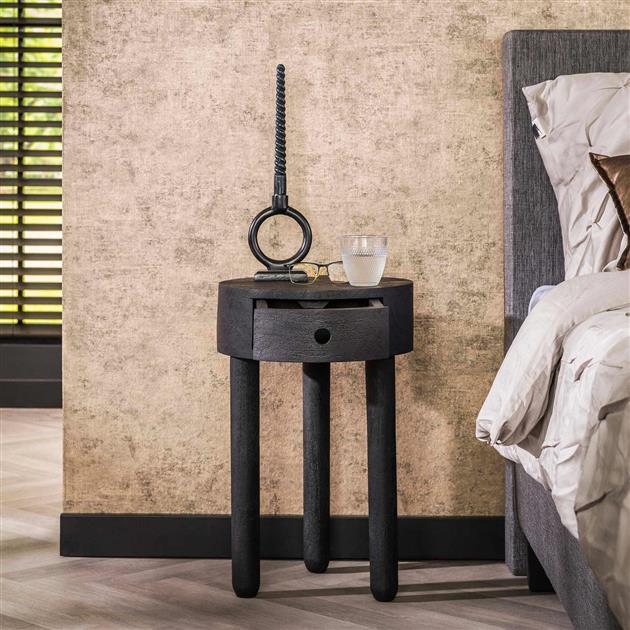 Hoyz Collection - Nachtkastje 1L Round Full Wood - Acacia Zwart