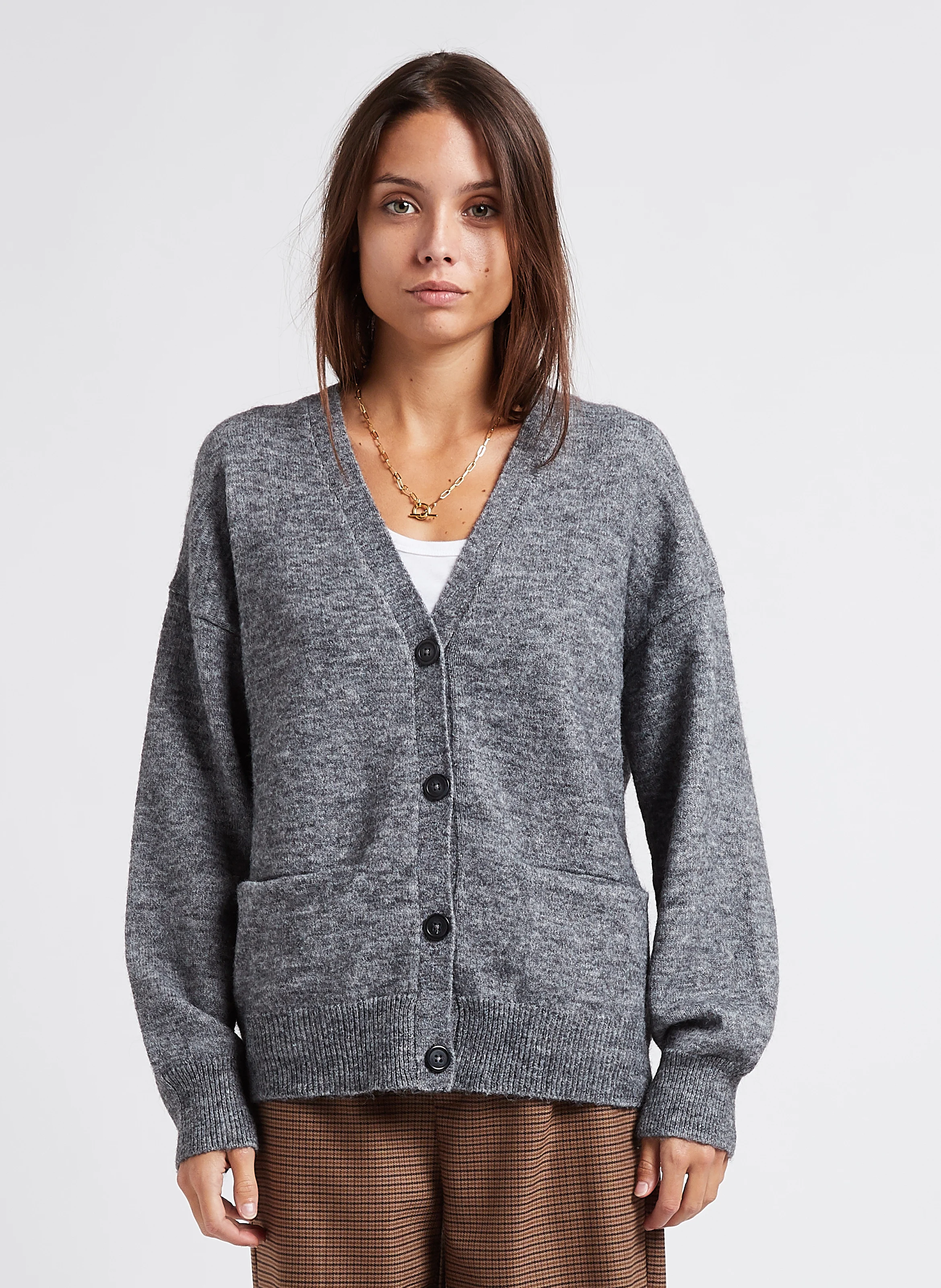 MINNA - Gilet col V en maille mélangée| Gris