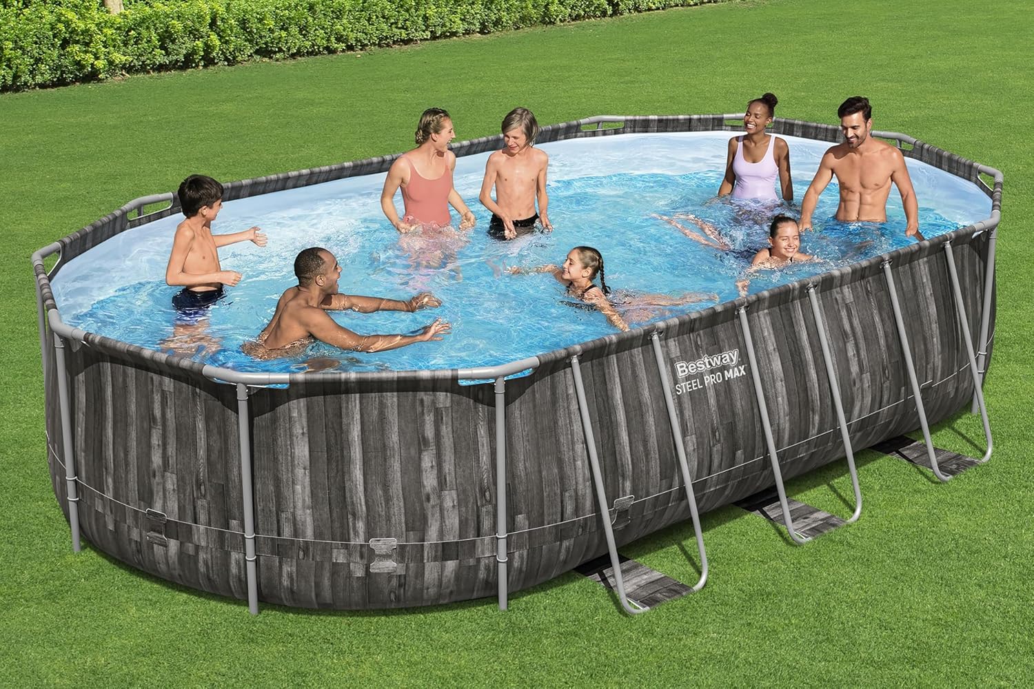 Bestway Steel Pro MAX Frame Pool Komplett-Set, 610 x 366 x 122 cm, Holz-Optik, 20.241 L, 3-lagiges TriTech-Material, ClickConnect System, Filterpumpe, Sicherheitsleiter, Abdeckplane, Reparaturflicken