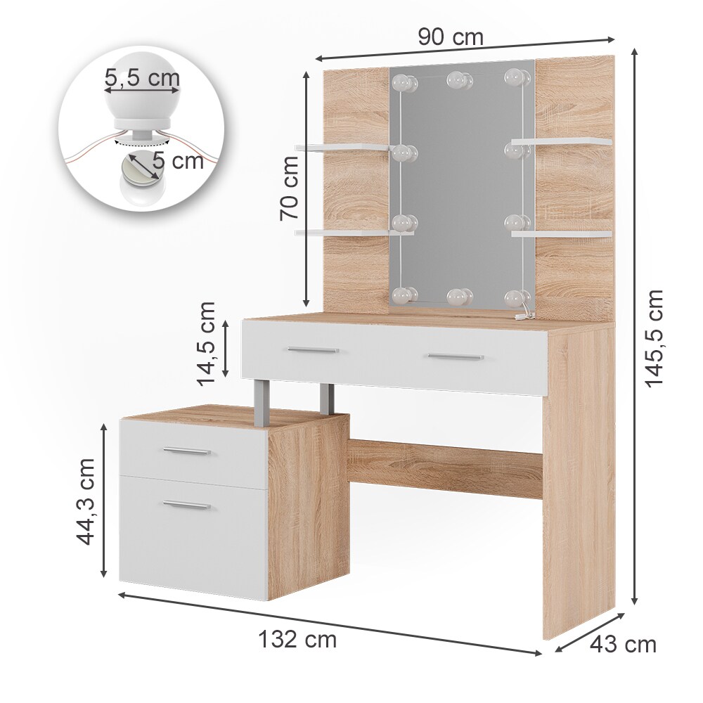 Vicco Schminktisch Frisiertisch Frisierkommode Maria Weiß Sonoma Spiegel LED 132x145 cm modern Ablage