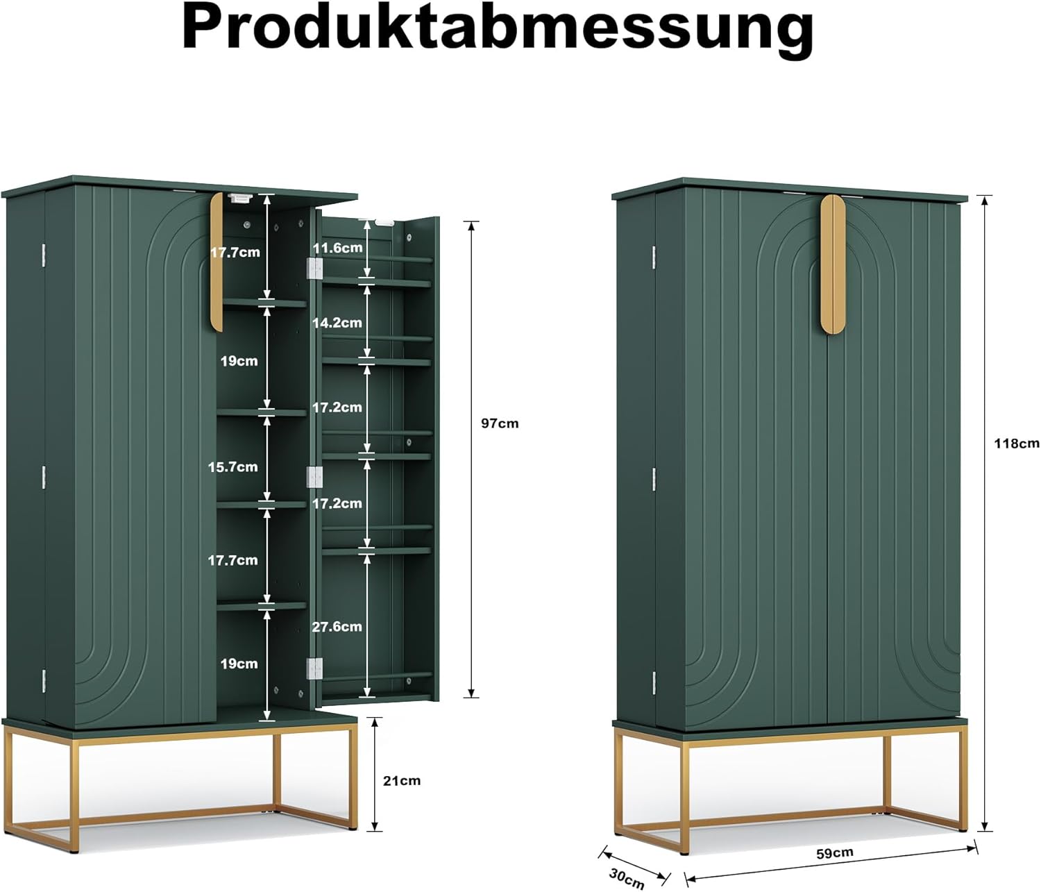Küchenschrank Badezimmerschrank Badschrank Wohnzimmerschrank Schlafzimmerschrank Mehrzweckschrank mit verstellbarem Regal,Schrank freistehend für Küche,Badzimmer,Wohnzimmer (Stil 2 - Grün)