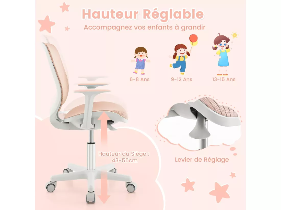 Chaise de Bureau Pivotante Enfants avec Hauteur Réglable 80-92cm, Siège à roulettes Enfants avec Dossier & Accoudoirs Ergonomique, Verrouillage Automatique, Charge 75kg pour 6-15 Ans
