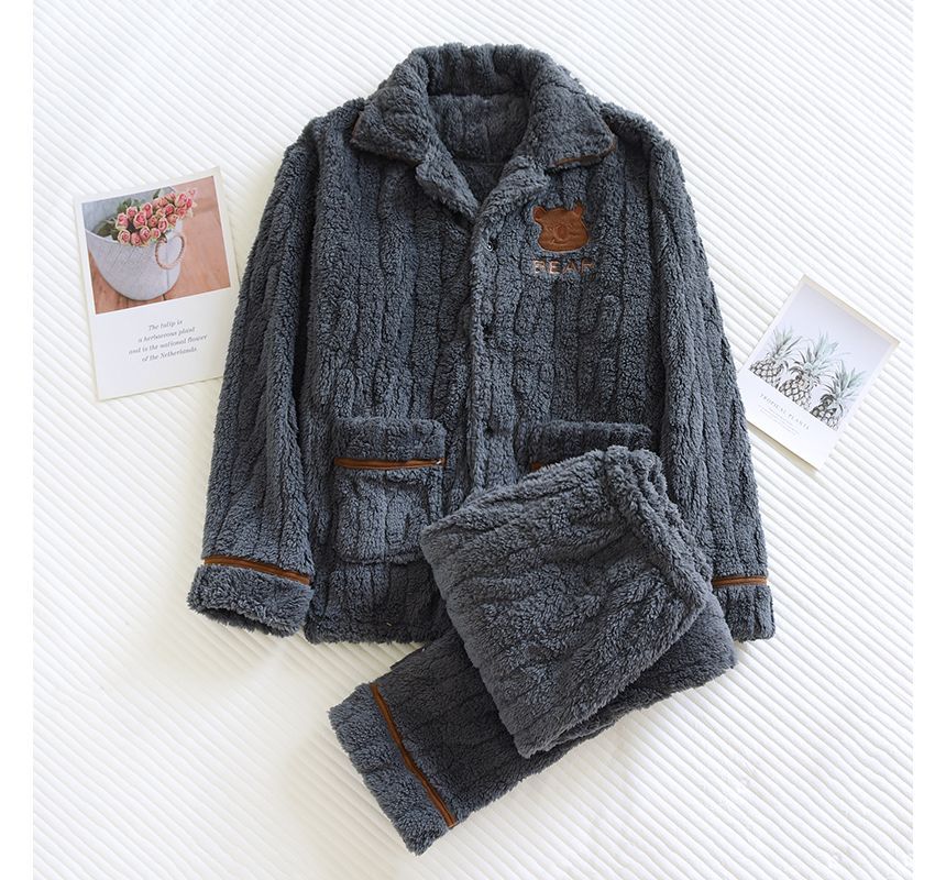 MelMount - Koppelset: Lange mouwen pyjamatop met kraag en berenprint van fleece + broek