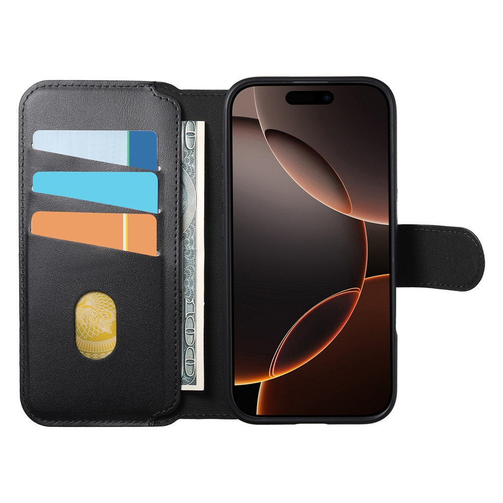 iPhone 16 Pro MagSafe Leder Case Schutzhülle mit Finger Griff Halterung   Abnehmbare Tasche inkl. Kartenfächer (RFID Schutz) - Schwarz