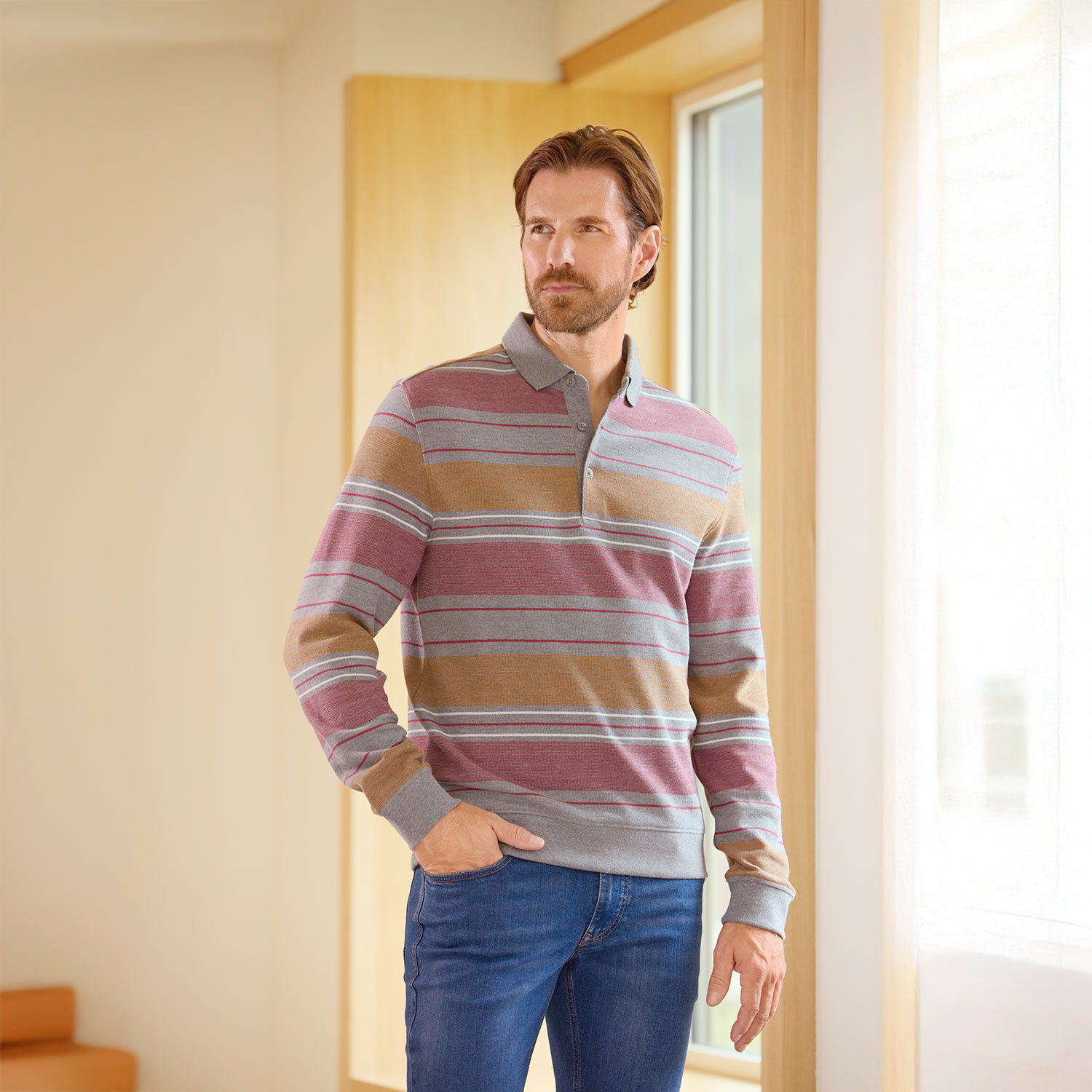 Gestreiftes langarm Poloshirt aus Baumwolle