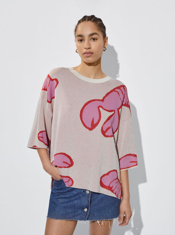 Suéter de gola redonda em jacquard - Multicolorido