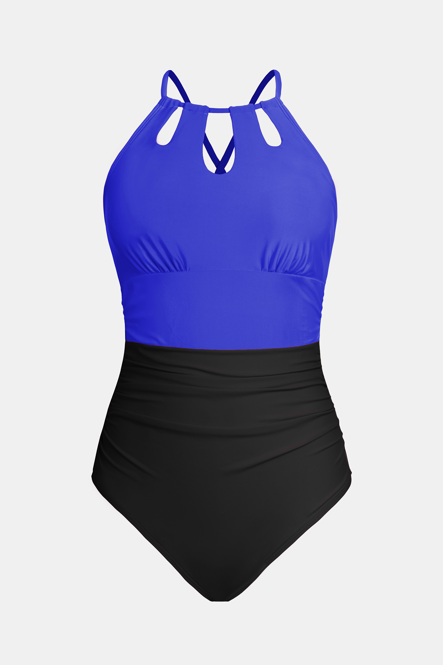 Maillot de bain une pièce à col haut découpé bleu et noir