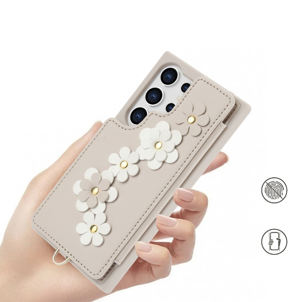 Samsung Galaxy S25 Ultra Necklace Leder Schutz Hülle mit Kartenfächer Blumen   Handykette (140cm) - Beige